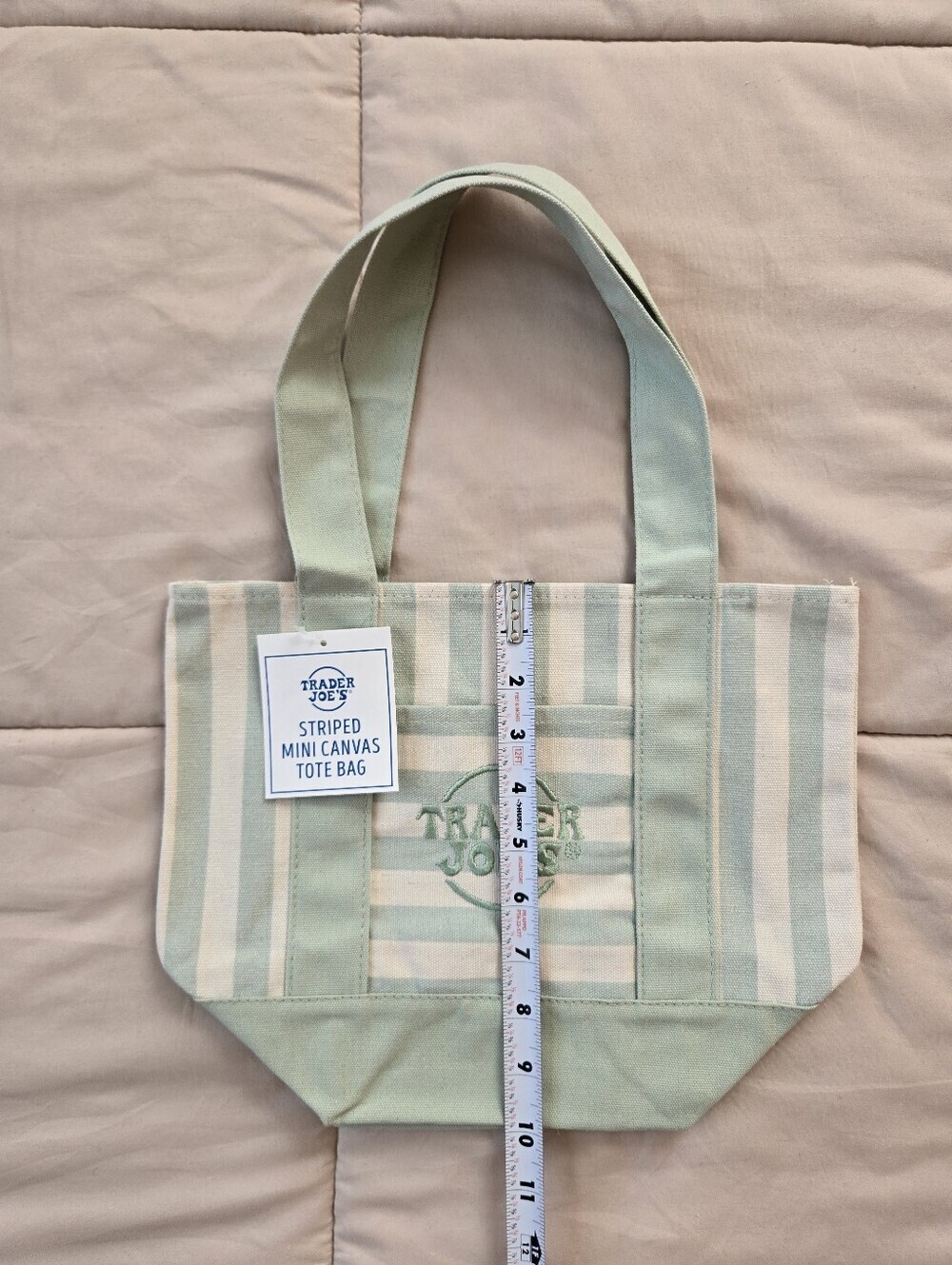NWT Trader Joe's Mini Striped Tote Bag In Mint Green - Picture 3 of 3